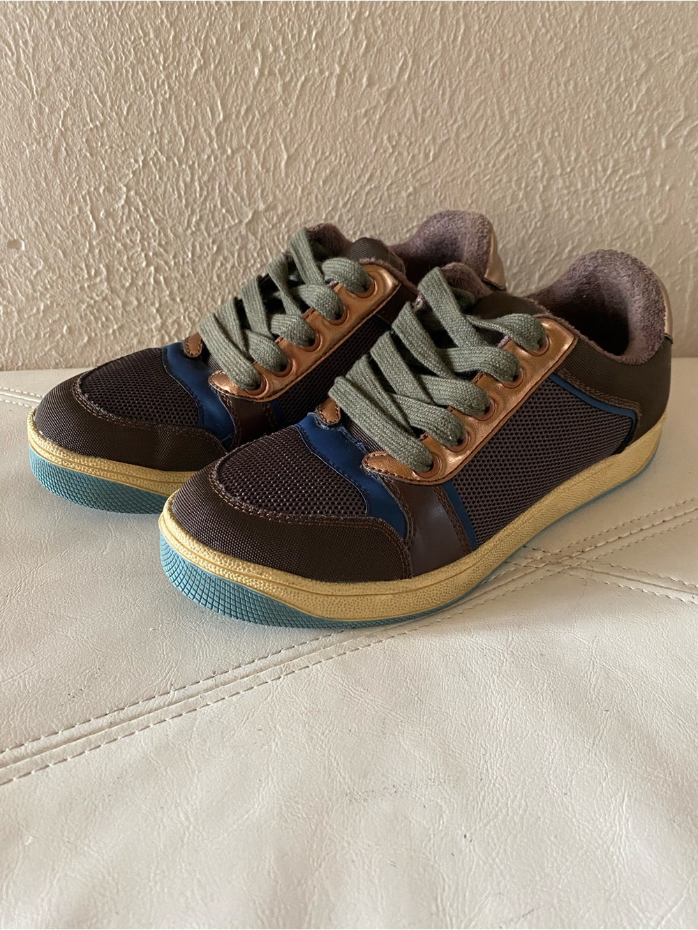 Jeffrey Campbell Heelflip Sneaker Brown, Blue, and Gold Leather Women 7.5